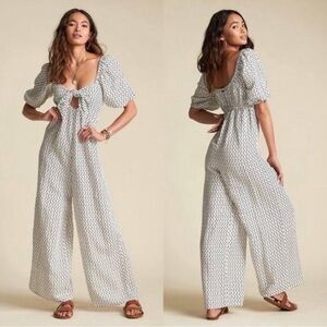 Billabong Shout It Out‎ Jumpsuit Size Medium Linen Blend Wide Leg Puff Sleeves